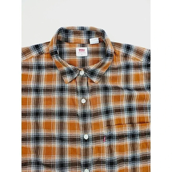 Levi's Size Large Men's Rust Brown Black White Flannel Check Pocket Logo Shirt - Picture 1 of 12